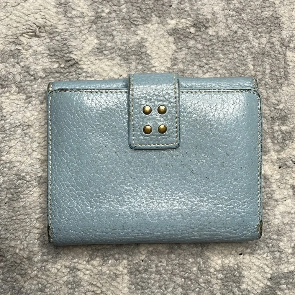 Celine Studded Pebbled Leather Compact Wallet Powder Blue Extra Card Holders